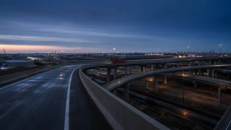 Chicagoland interstate corridor at dawn