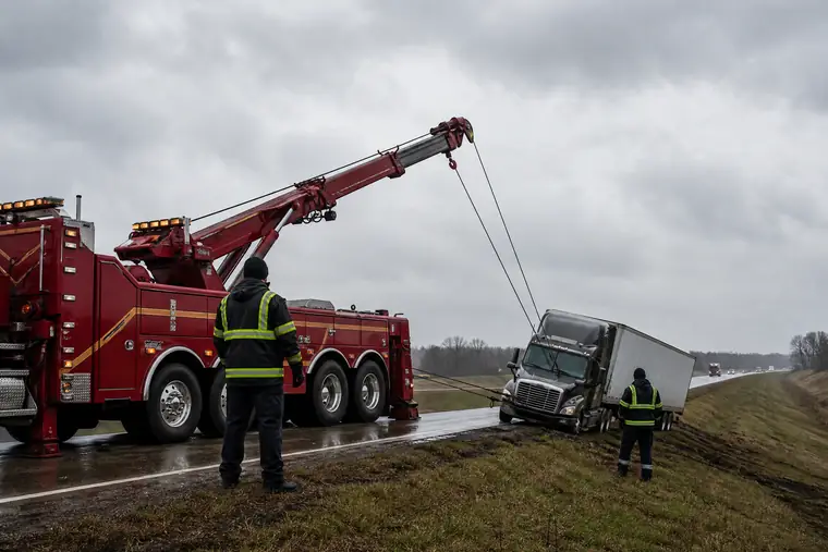 Heavy wrecker performing a controlled roadside recovery